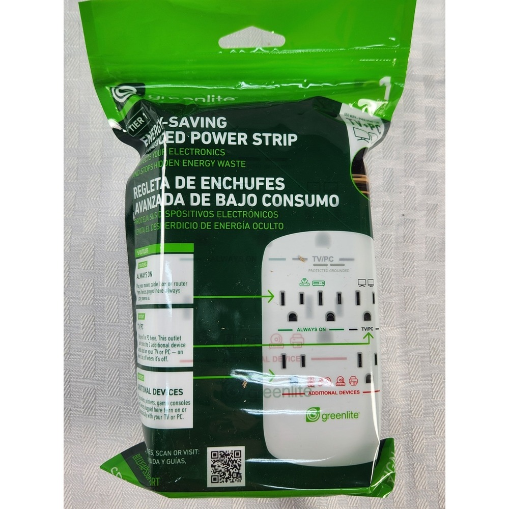 New Greenlite 5-Outlet Advanced Power Strip, Switch, Breaker, White 120V 2000W